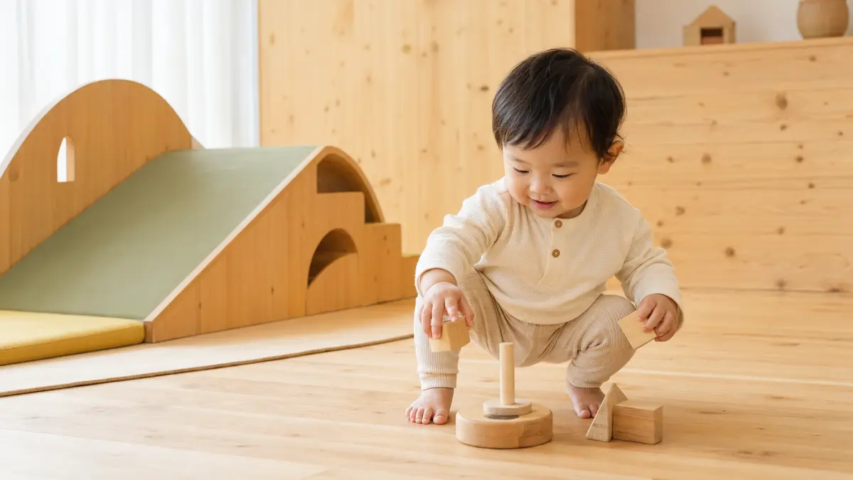 木の遊具がある屋内の遊び場で遊ぶ小さな子ども