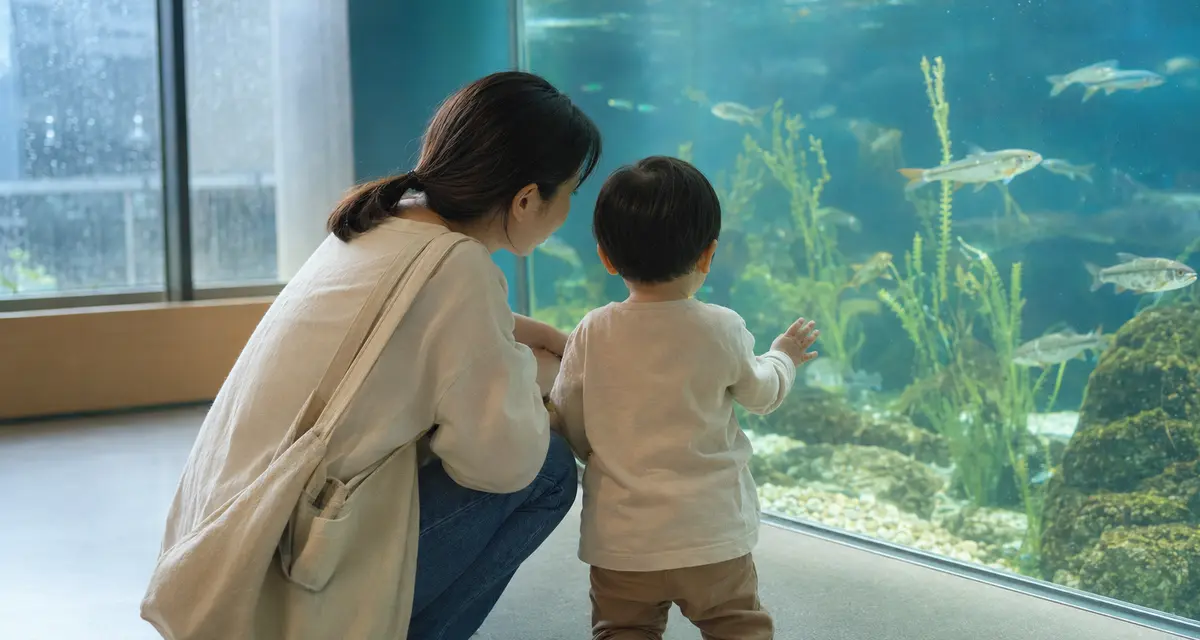雨の日に屋内の水槽を親子で眺めている様子