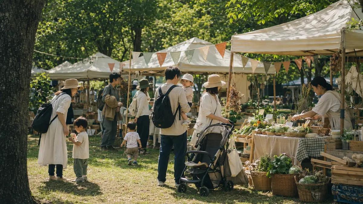 緑の公園で開かれている家族向けの週末マーケット
